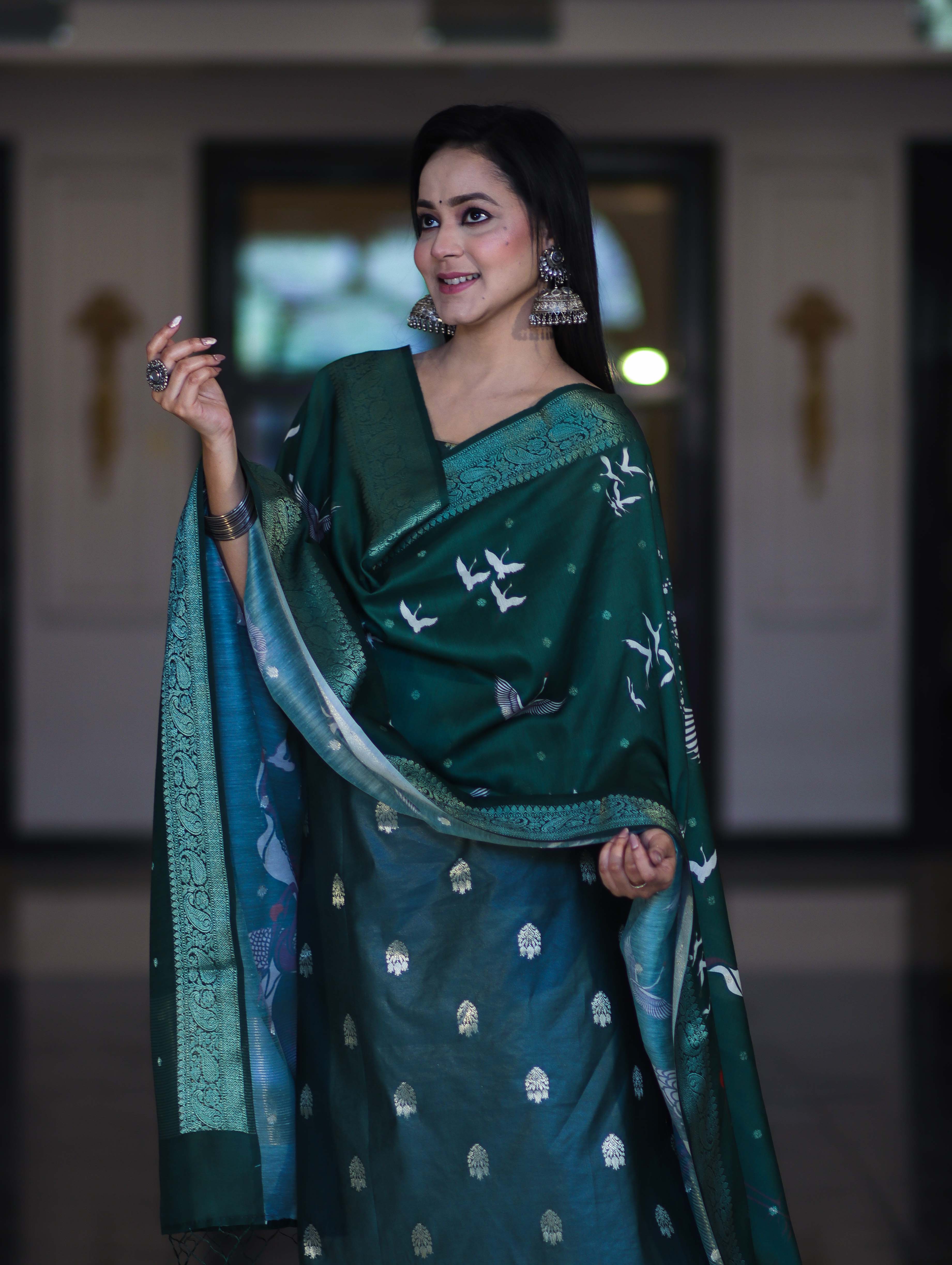 Banarasee Semi-Silk Zari Work Salwar Kameez Fabric With Digital Printed Dupatta Set-Deep Green