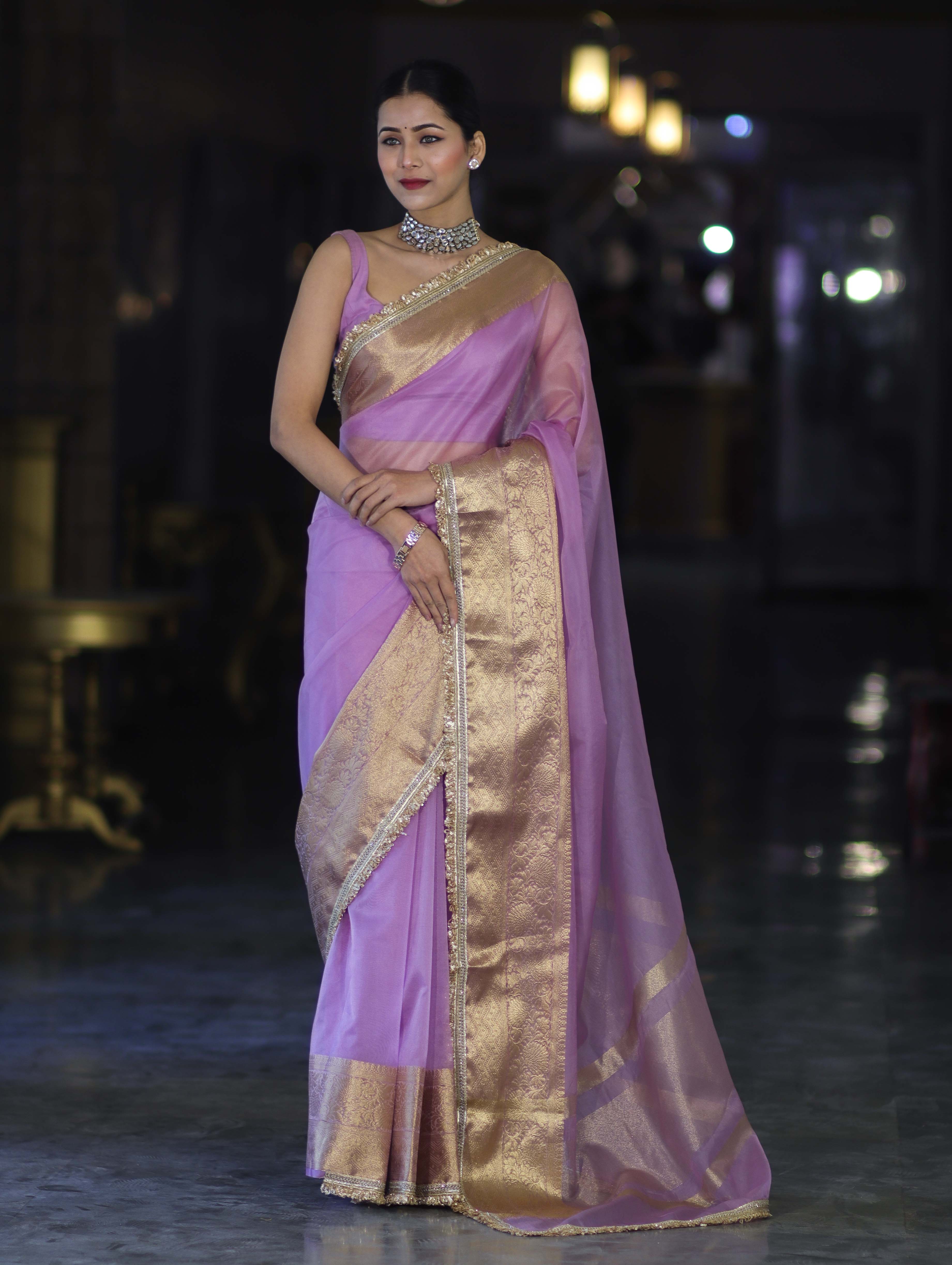Banarasee Handloom Organza Mix Plain Saree With Zari Border & Lace-Lavender