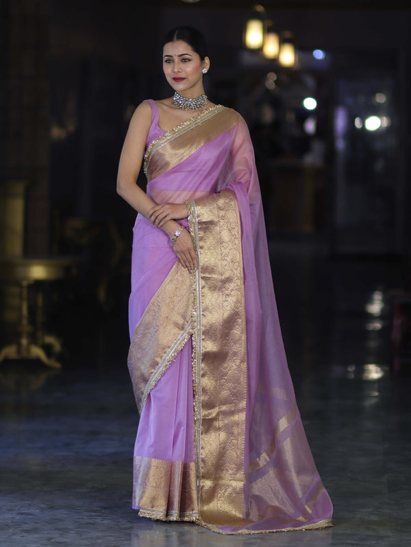 Banarasee Handloom Organza Mix Plain Saree With Zari Border & Lace-Lavender