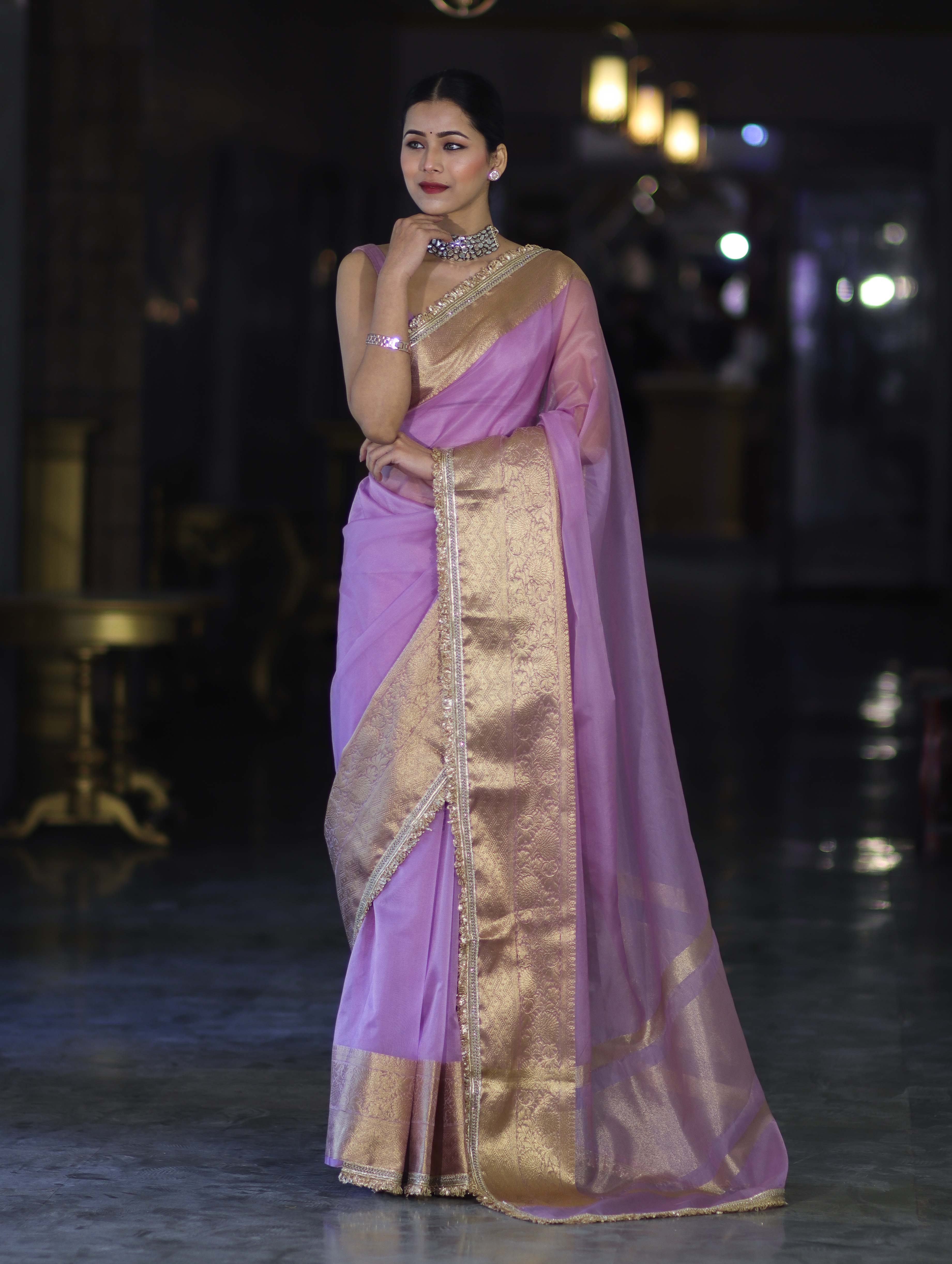 Banarasee Handloom Organza Mix Plain Saree With Zari Border & Lace-Lavender