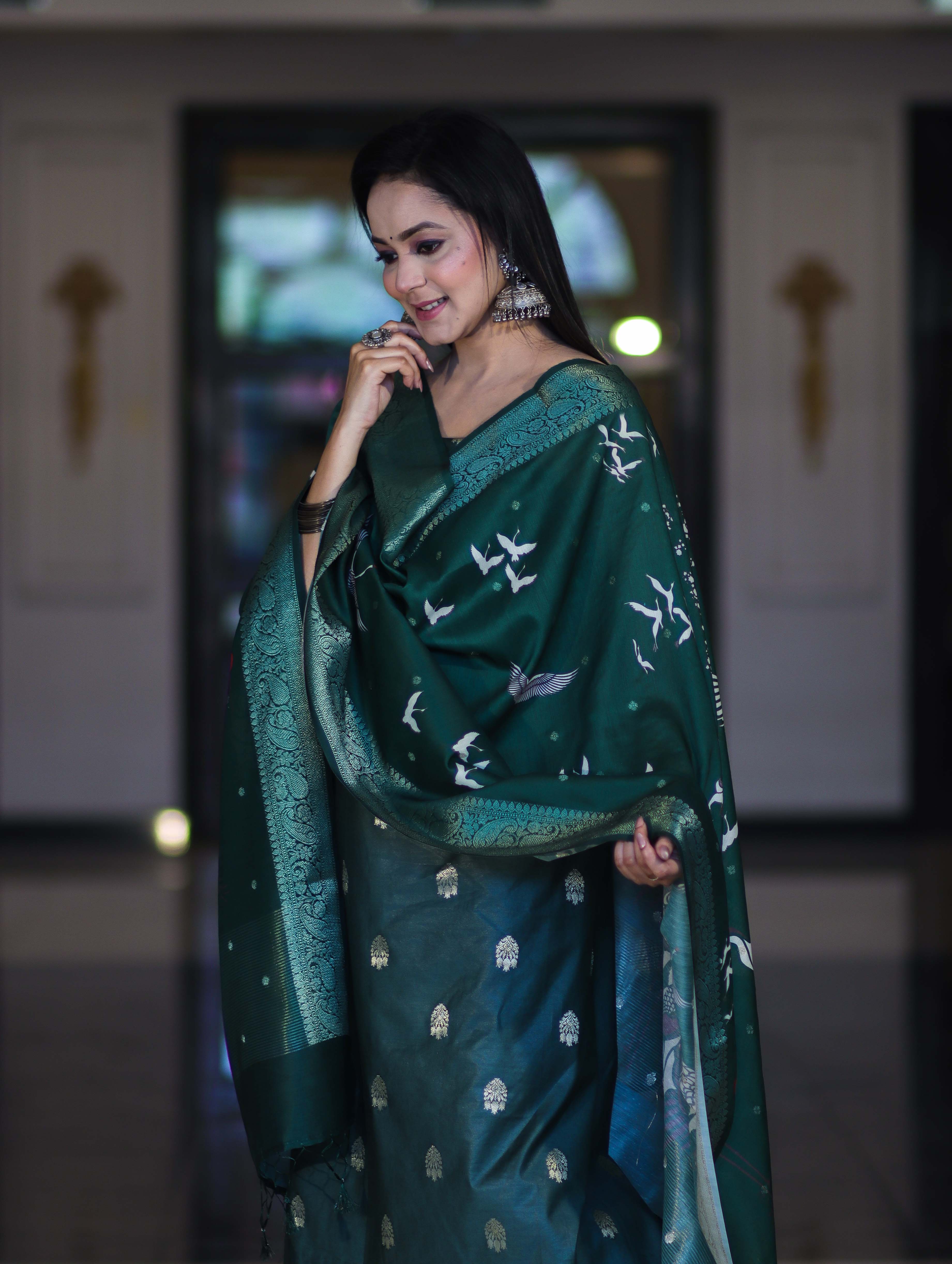 Banarasee Semi-Silk Zari Work Salwar Kameez Fabric With Digital Printed Dupatta Set-Deep Green