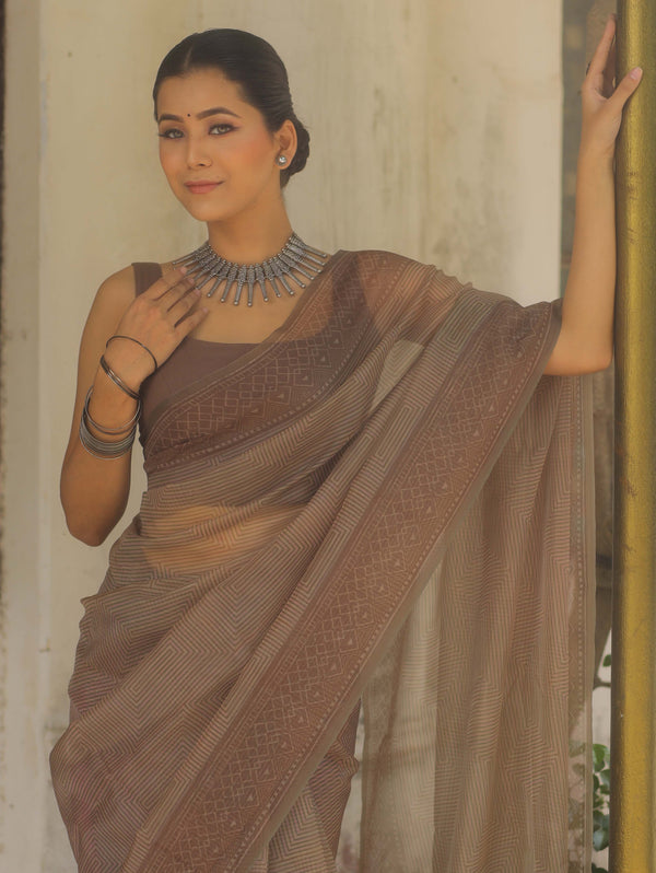 Banarasee Organza Mix Printed Saree-Brown