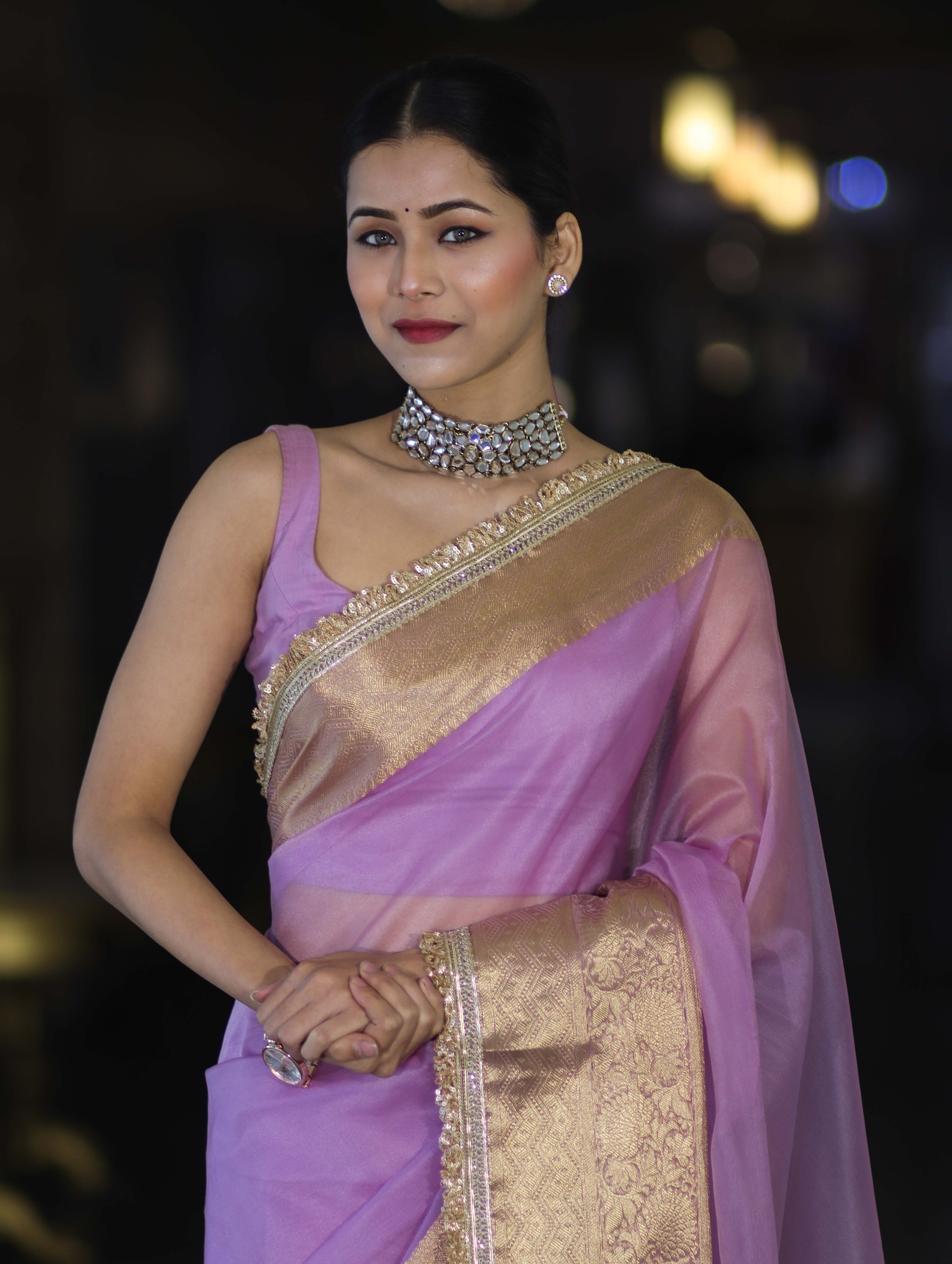 Banarasee Handloom Organza Mix Plain Saree With Zari Border & Lace-Lavender