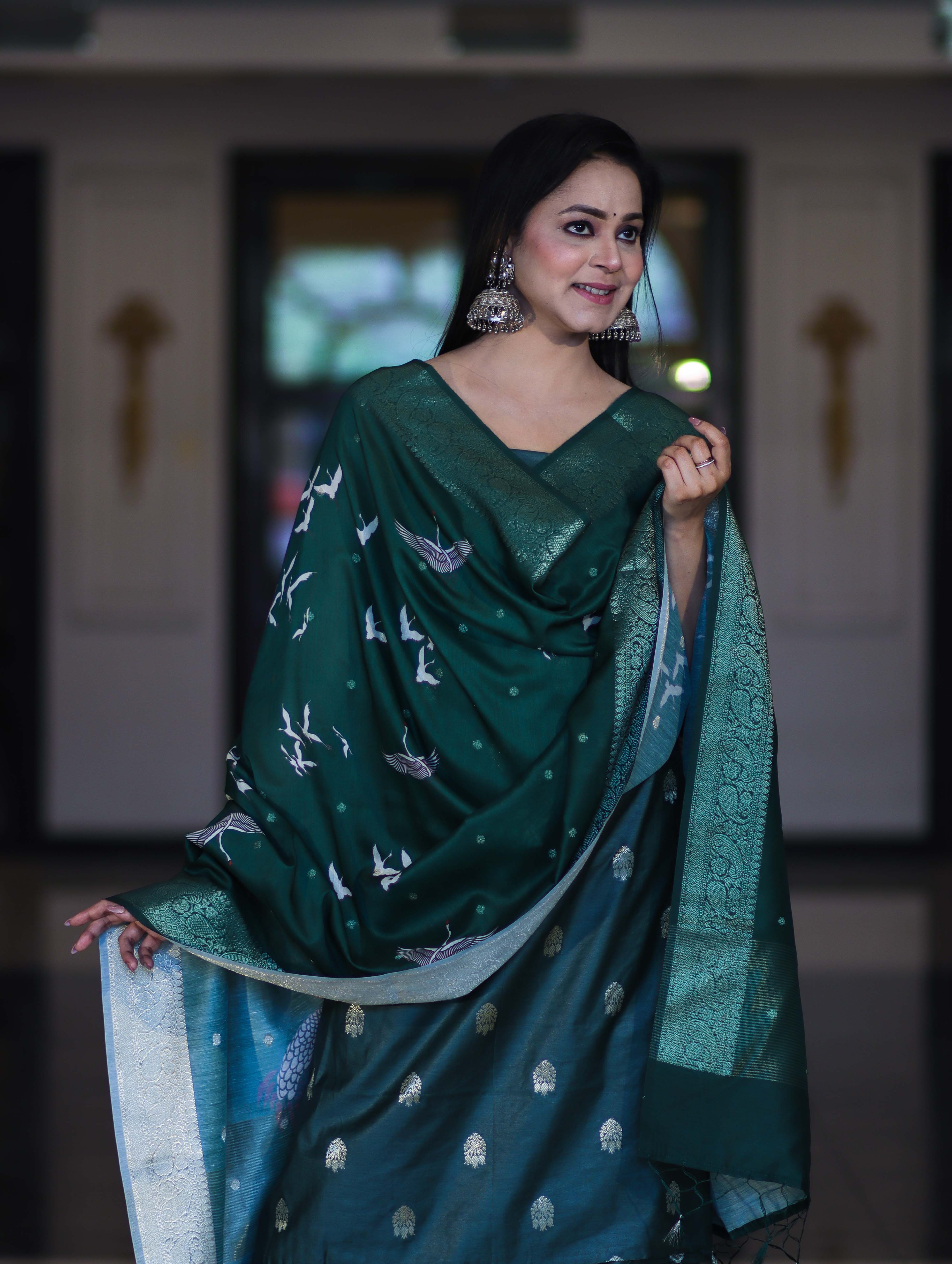 Banarasee Semi-Silk Zari Work Salwar Kameez Fabric With Digital Printed Dupatta Set-Deep Green