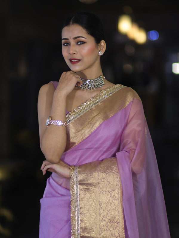 Banarasee Handloom Organza Mix Plain Saree With Zari Border & Lace-Lavender