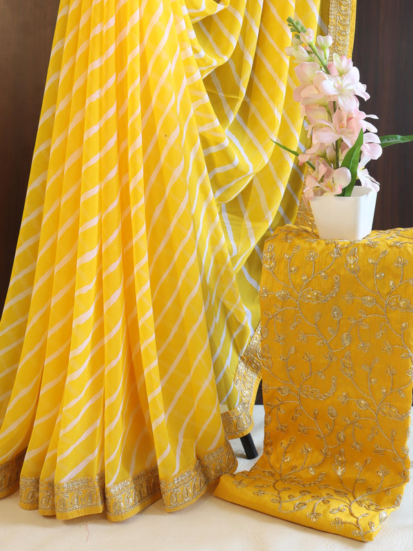 Banarasee Georgette Embroidered Lehariya Print Saree-Yellow