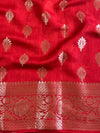 Banarasee Handloom Pure Chiniya Silk Saree With Zari Work & Contrast Border-White & Red