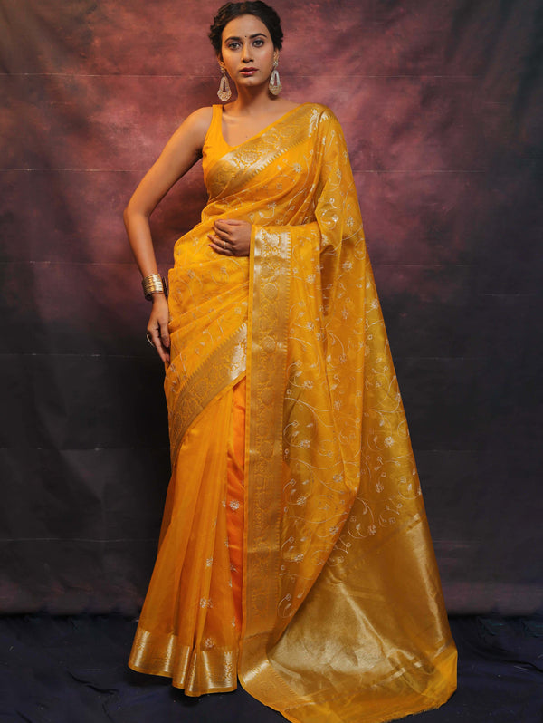 Banarasee Organza Floral Embroidery Sequin Work Saree-Mustard Yellow