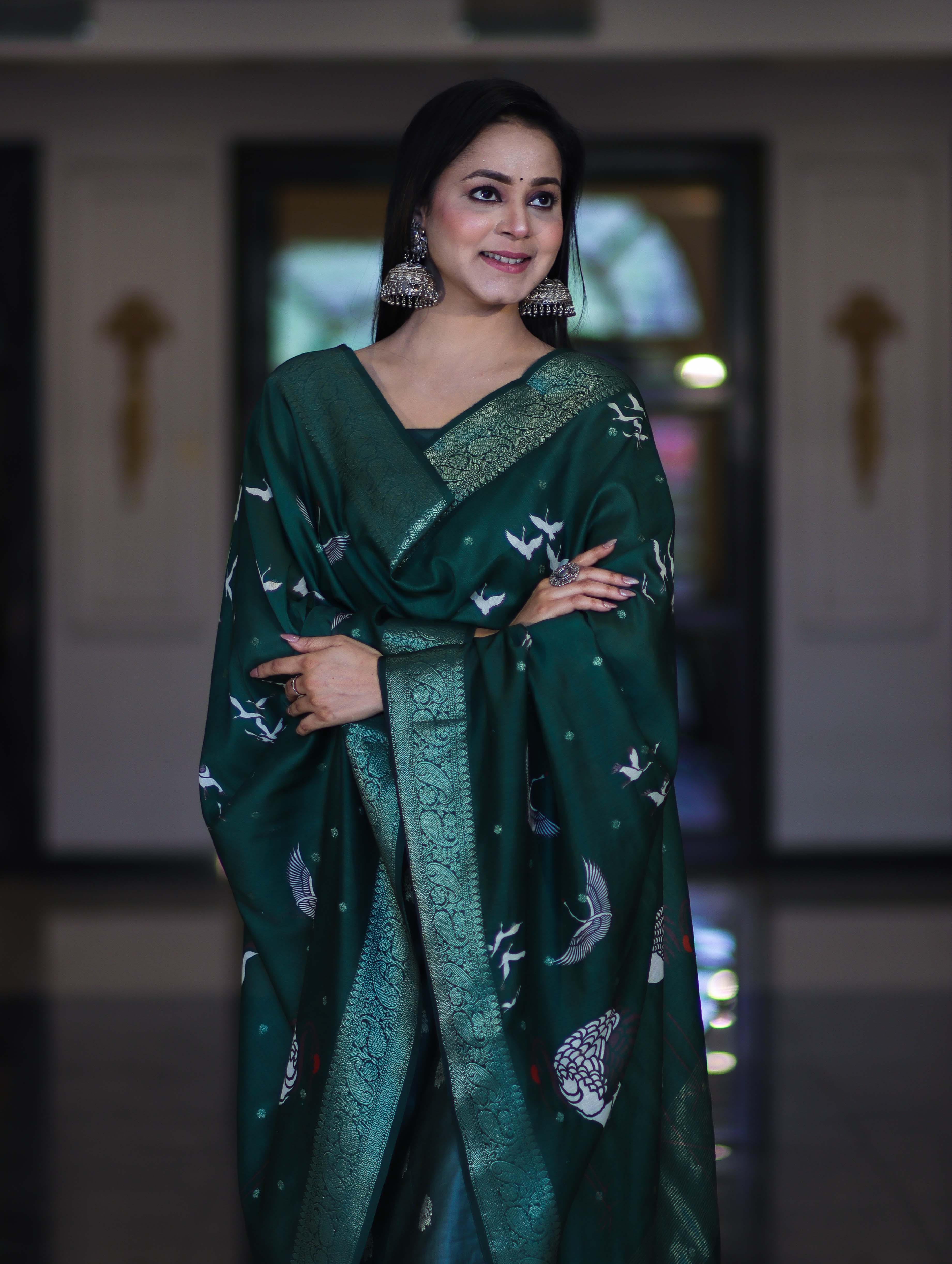 Banarasee Semi-Silk Zari Work Salwar Kameez Fabric With Digital Printed Dupatta Set-Deep Green