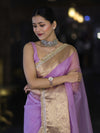 Banarasee Handloom Organza Mix Plain Saree With Zari Border & Lace-Lavender
