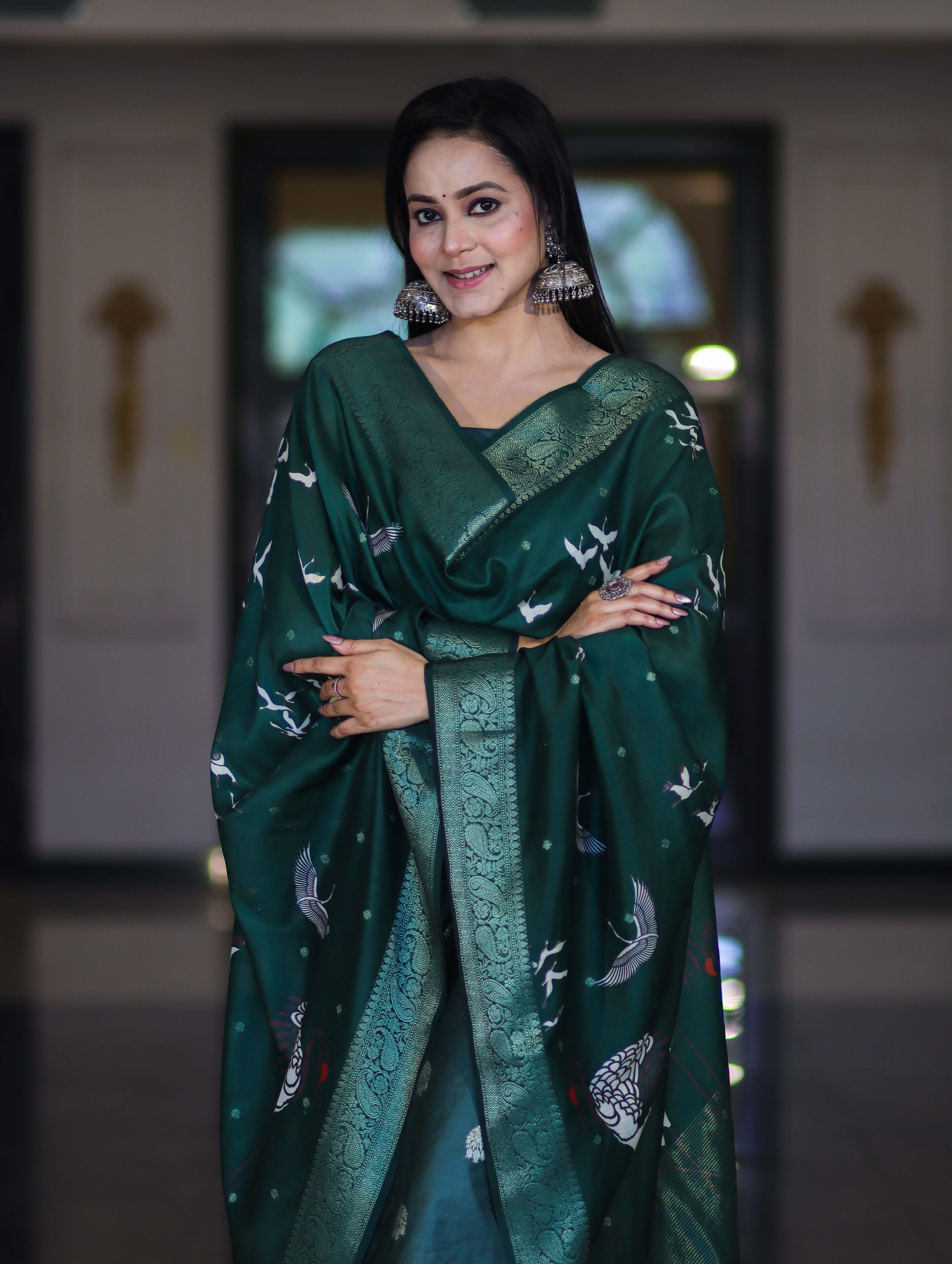 Banarasee Semi-Silk Zari Work Salwar Kameez Fabric With Digital Printed Dupatta Set-Deep Green