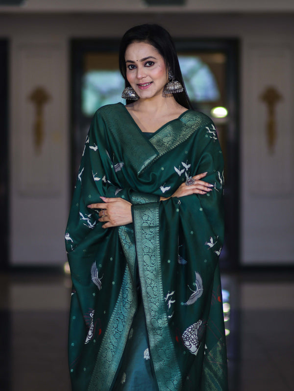 Banarasee Semi-Silk Zari Work Salwar Kameez Fabric With Digital Printed Dupatta Set-Deep Green