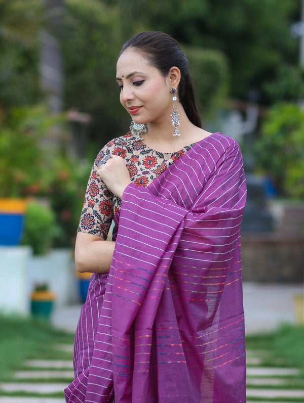 Bhagalpur Handloom Semi Silk Saree With Stripes Design-Violet
