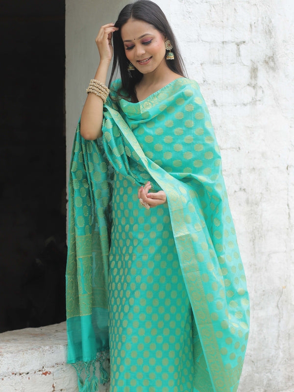 Banarasee Cotton Silk Zari Woven Salwar Kameez Dupatta Set-Sea Green