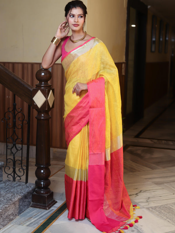 Banarasee Handloom Pure Linen Shine Saree-Yellow & Pink