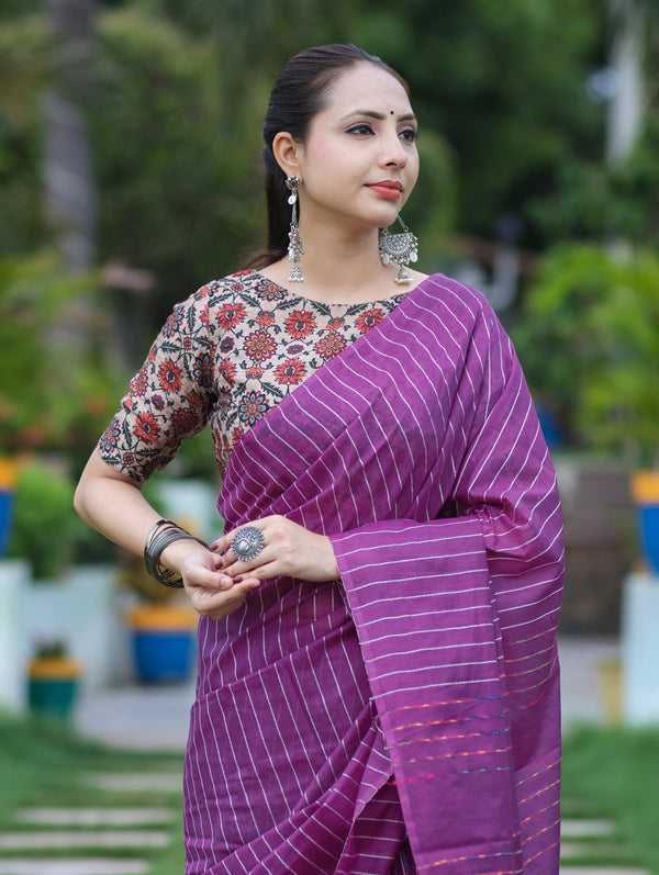 Bhagalpur Handloom Semi Silk Saree With Stripes Design-Violet
