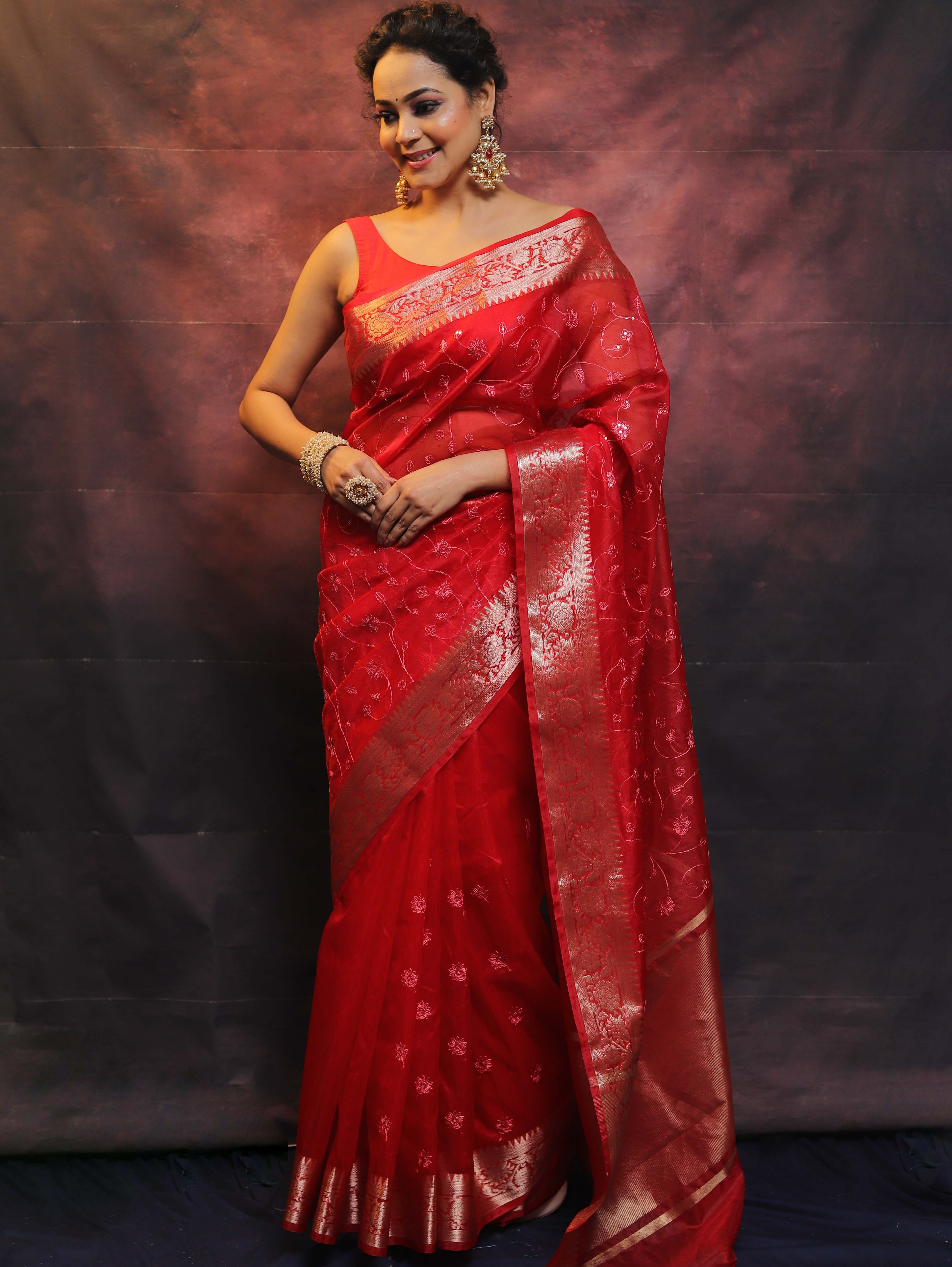 Banarasee Organza Floral Embroidery Sequin Work Saree-Red