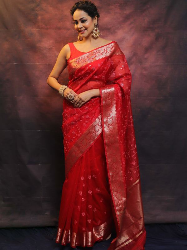 Banarasee Organza Floral Embroidery Sequin Work Saree-Red