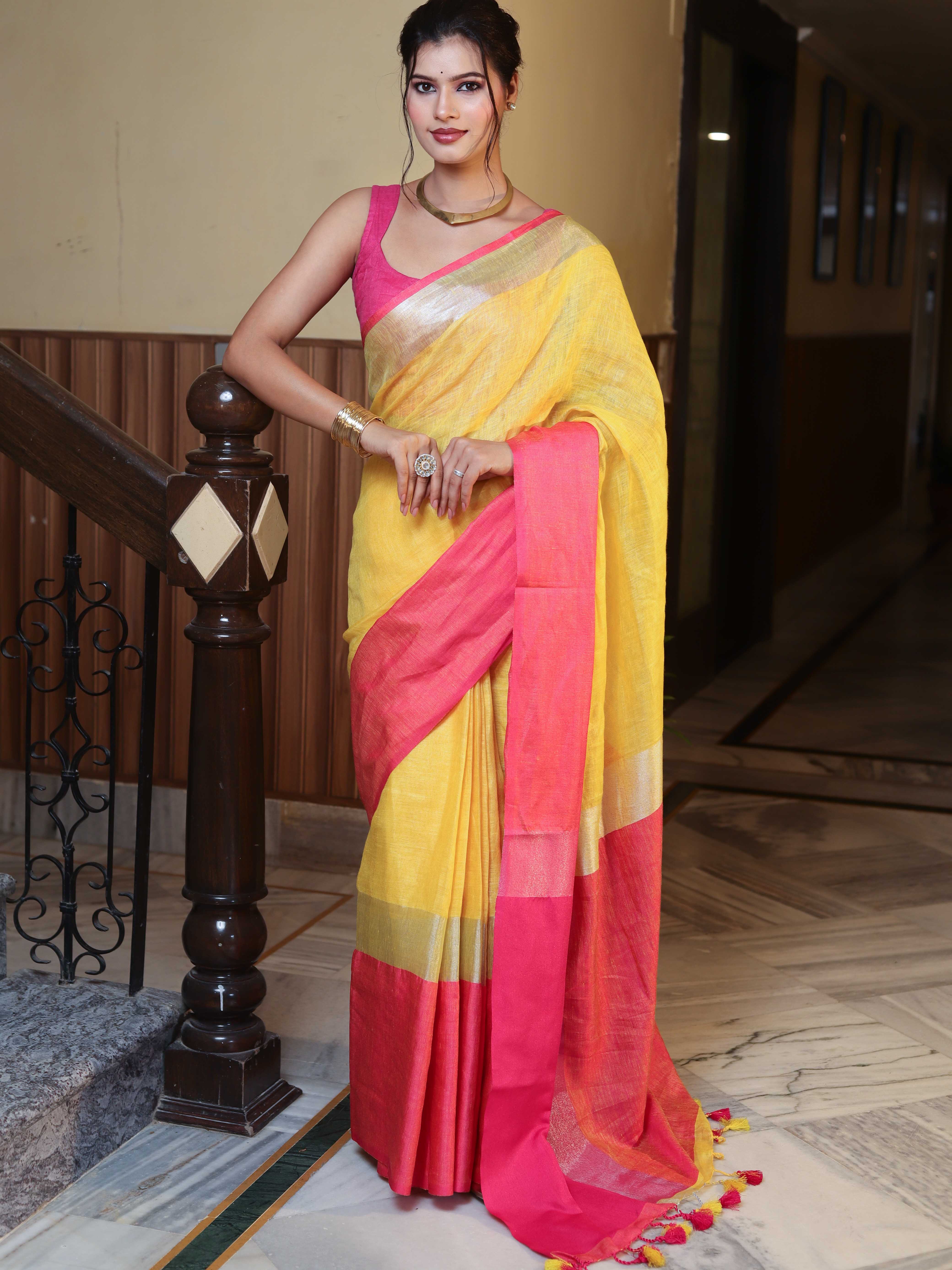 Banarasee Handloom Pure Linen Shine Saree-Yellow & Pink