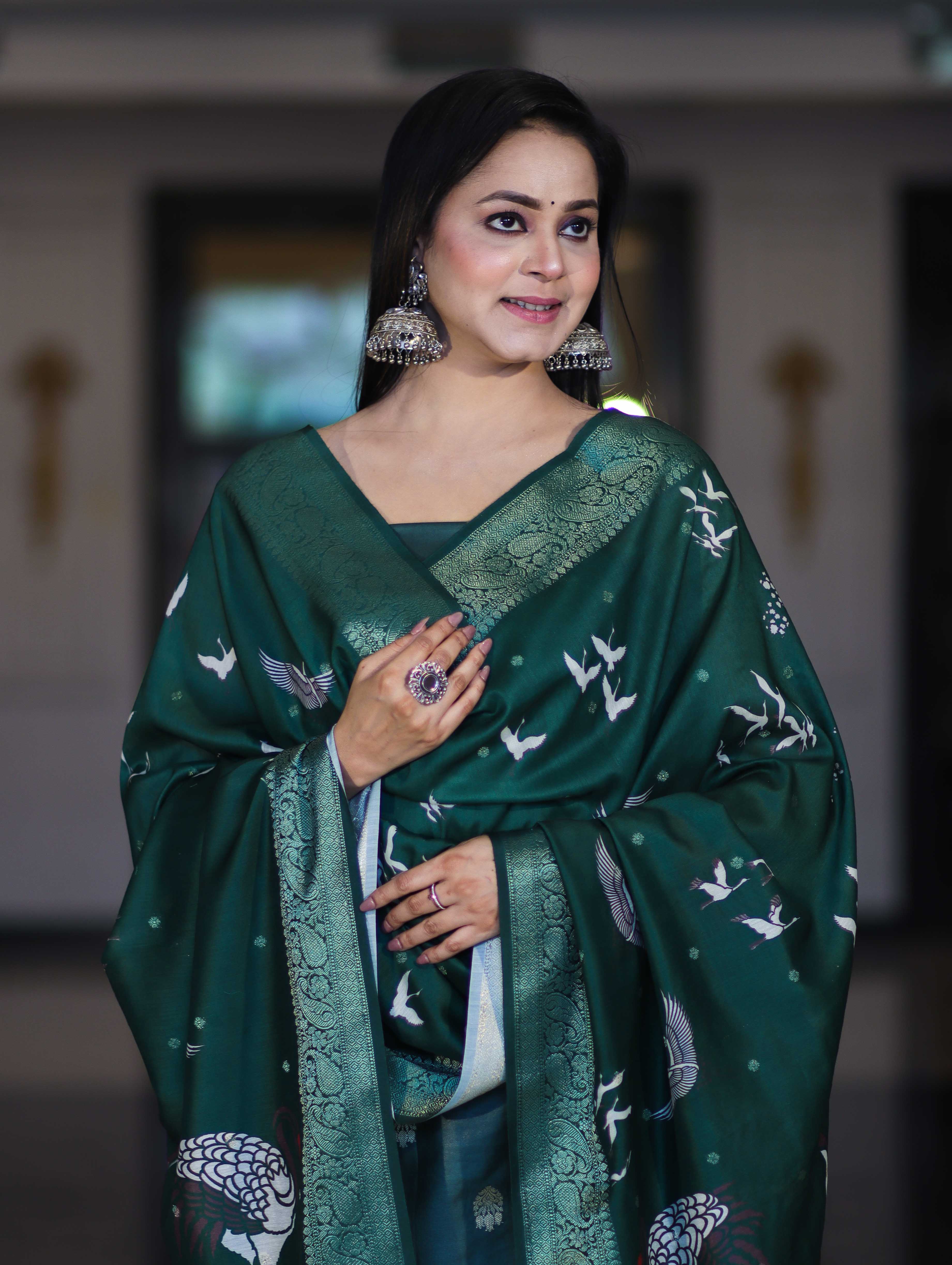 Banarasee Semi-Silk Zari Work Salwar Kameez Fabric With Digital Printed Dupatta Set-Deep Green
