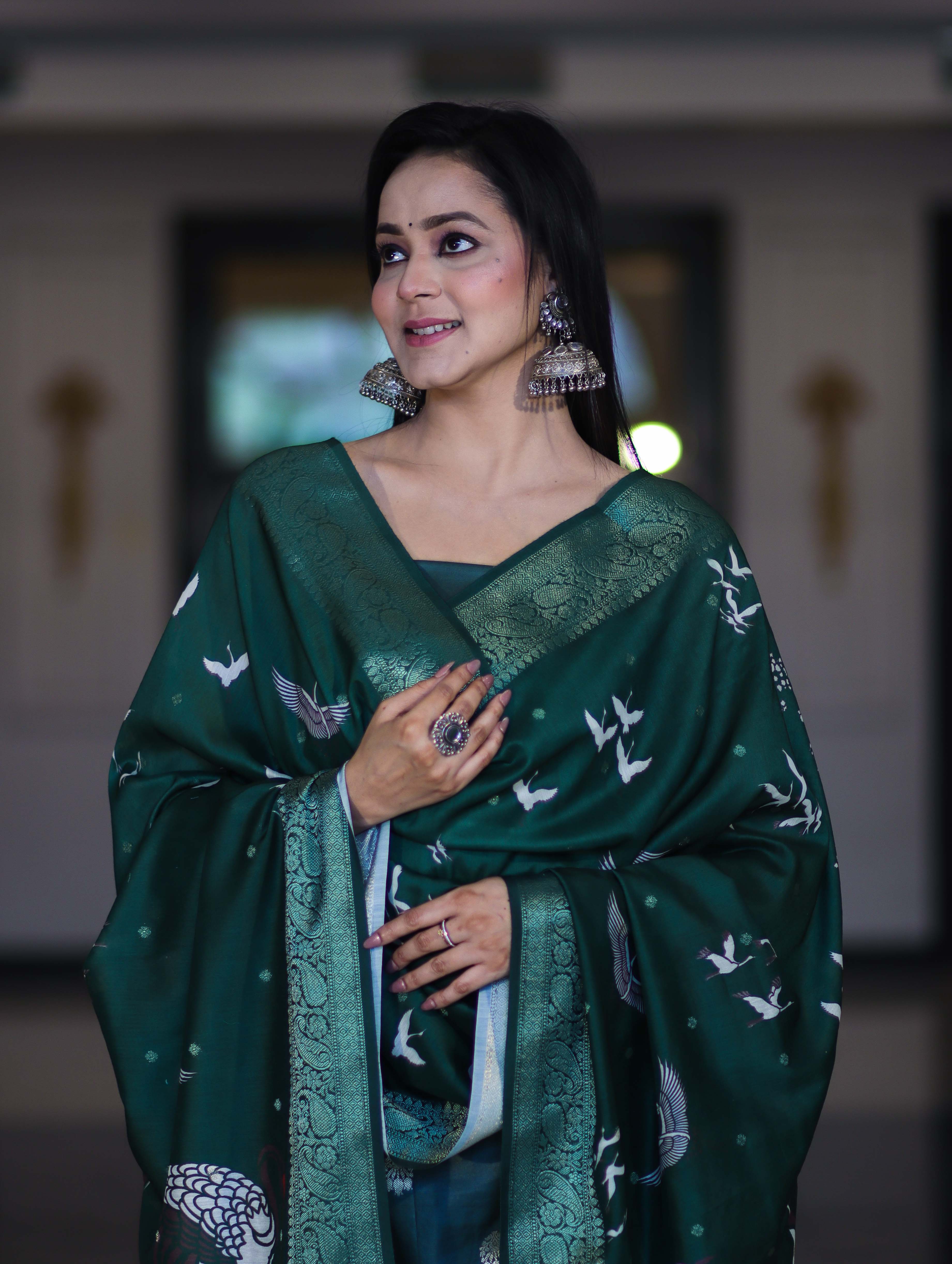 Banarasee Semi-Silk Zari Work Salwar Kameez Fabric With Digital Printed Dupatta Set-Deep Green