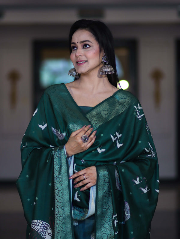 Banarasee Semi-Silk Zari Work Salwar Kameez Fabric With Digital Printed Dupatta Set-Deep Green