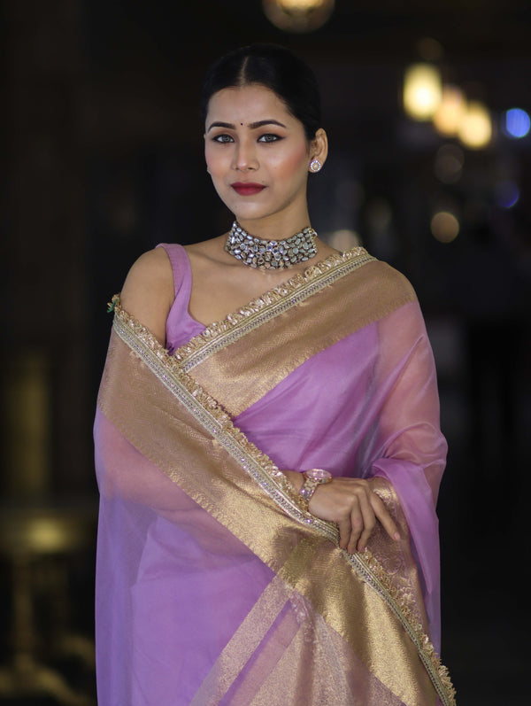 Banarasee Handloom Organza Mix Plain Saree With Zari Border & Lace-Lavender