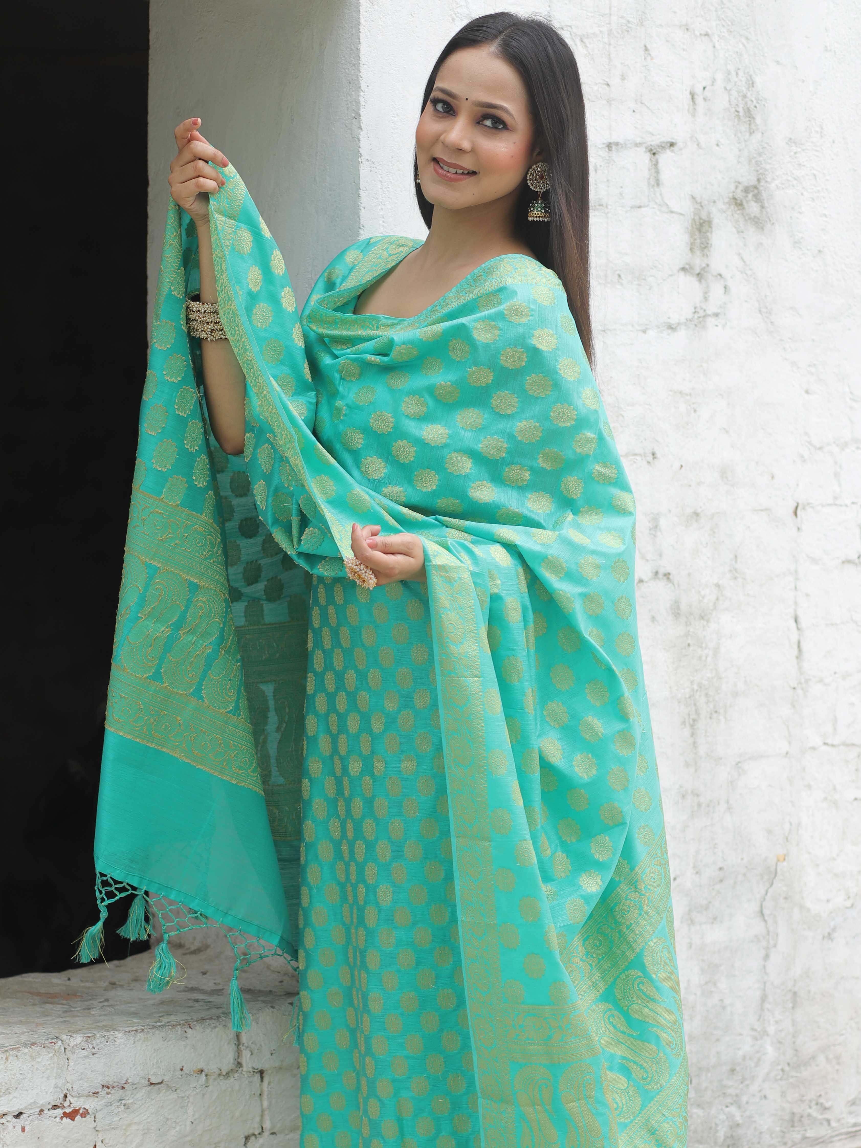 Banarasee Cotton Silk Zari Woven Salwar Kameez Dupatta Set-Sea Green
