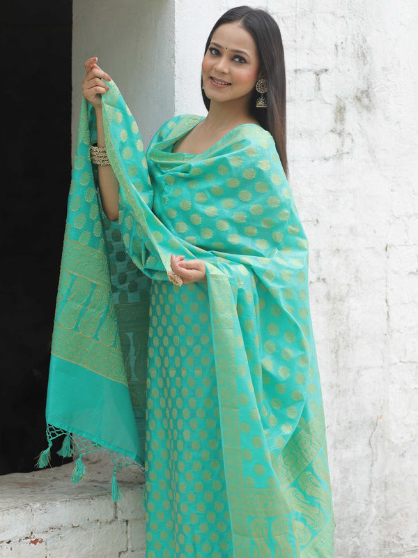 Banarasee Cotton Silk Zari Woven Salwar Kameez Dupatta Set-Sea Green