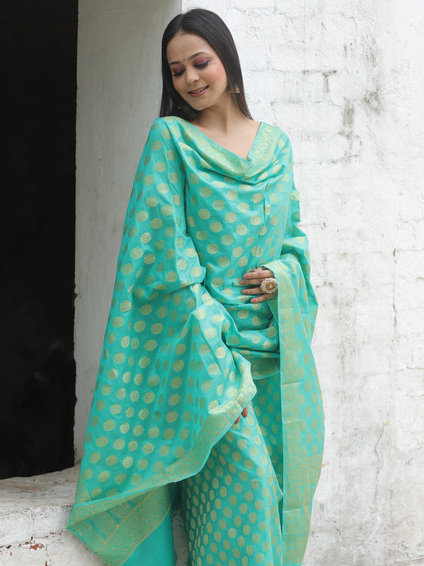 Banarasee Cotton Silk Zari Woven Salwar Kameez Dupatta Set-Sea Green
