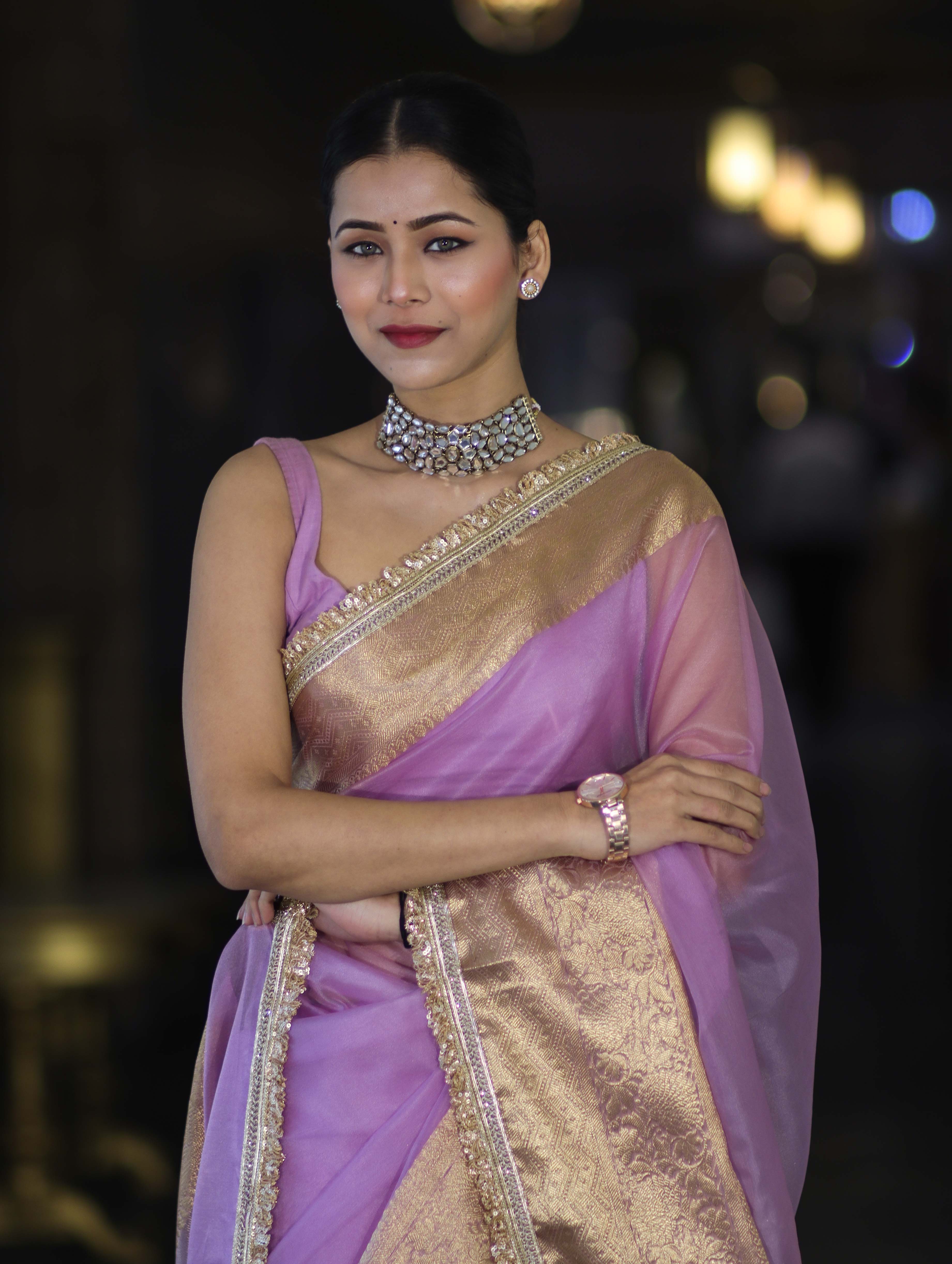 Banarasee Handloom Organza Mix Plain Saree With Zari Border & Lace-Lavender