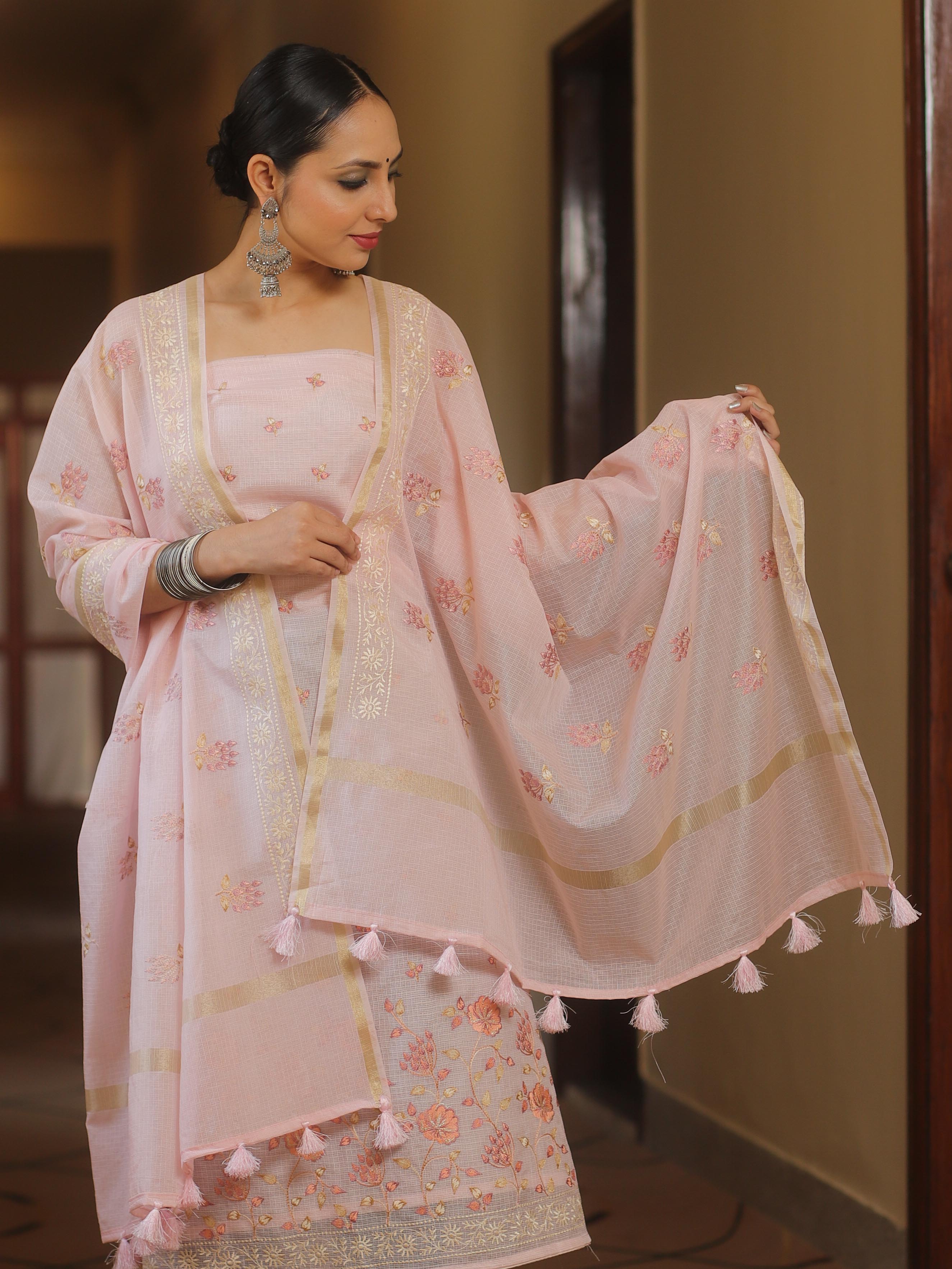 Banarasee Cotton Kota Embroidery Work Salwar Kameez Fabric With Dupatta-Pink