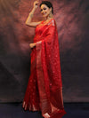 Banarasee Organza Floral Embroidery Sequin Work Saree-Red