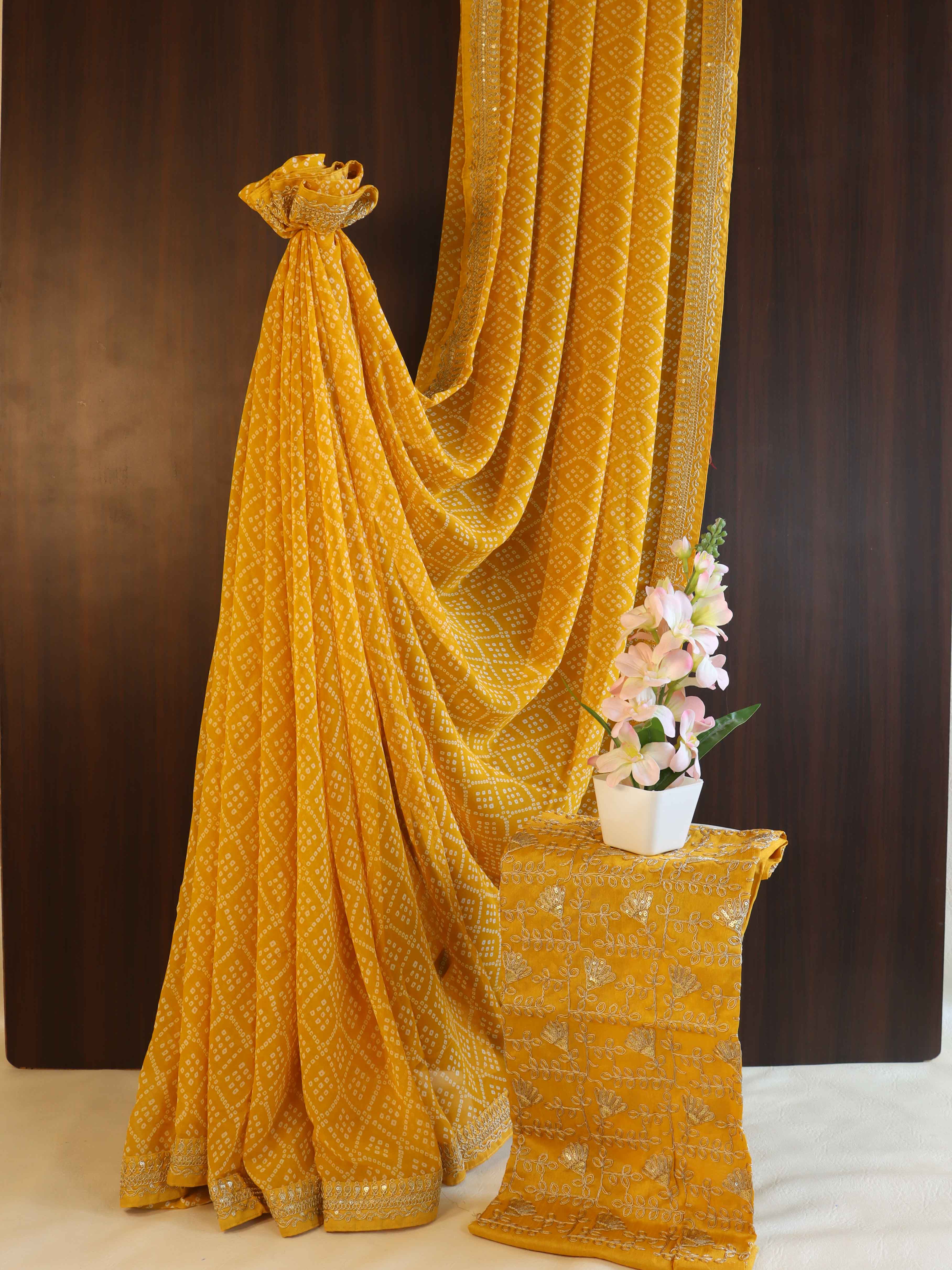 Banarasee Georgette Embroidered Chunari Print Saree-Mustard Yellow