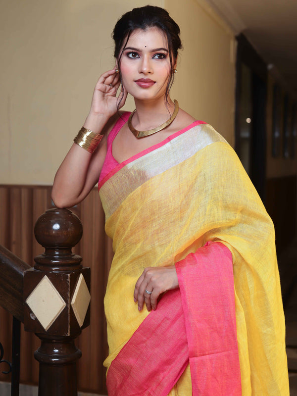 Banarasee Handloom Pure Linen Shine Saree-Yellow & Pink
