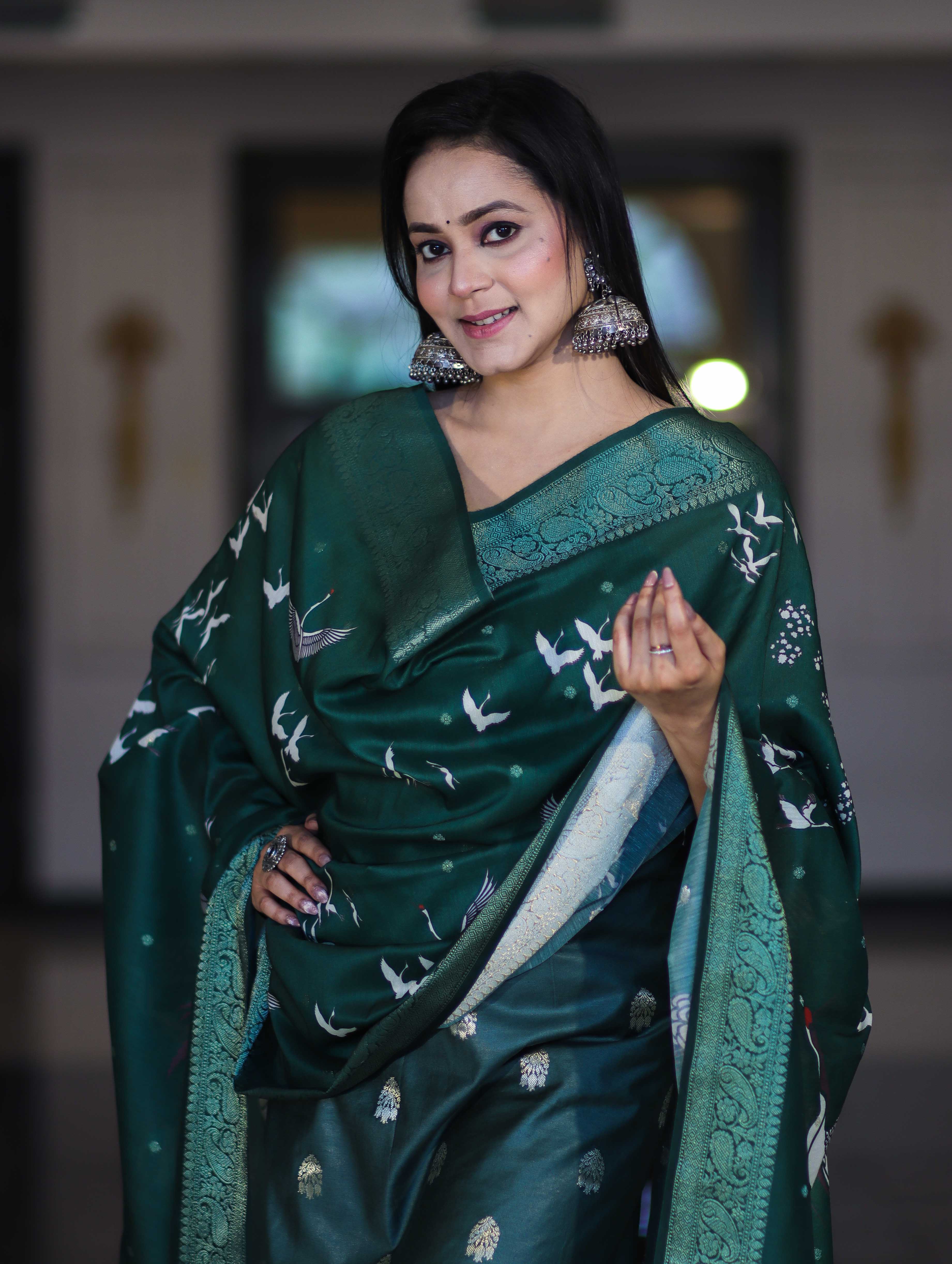 Banarasee Semi-Silk Zari Work Salwar Kameez Fabric With Digital Printed Dupatta Set-Deep Green
