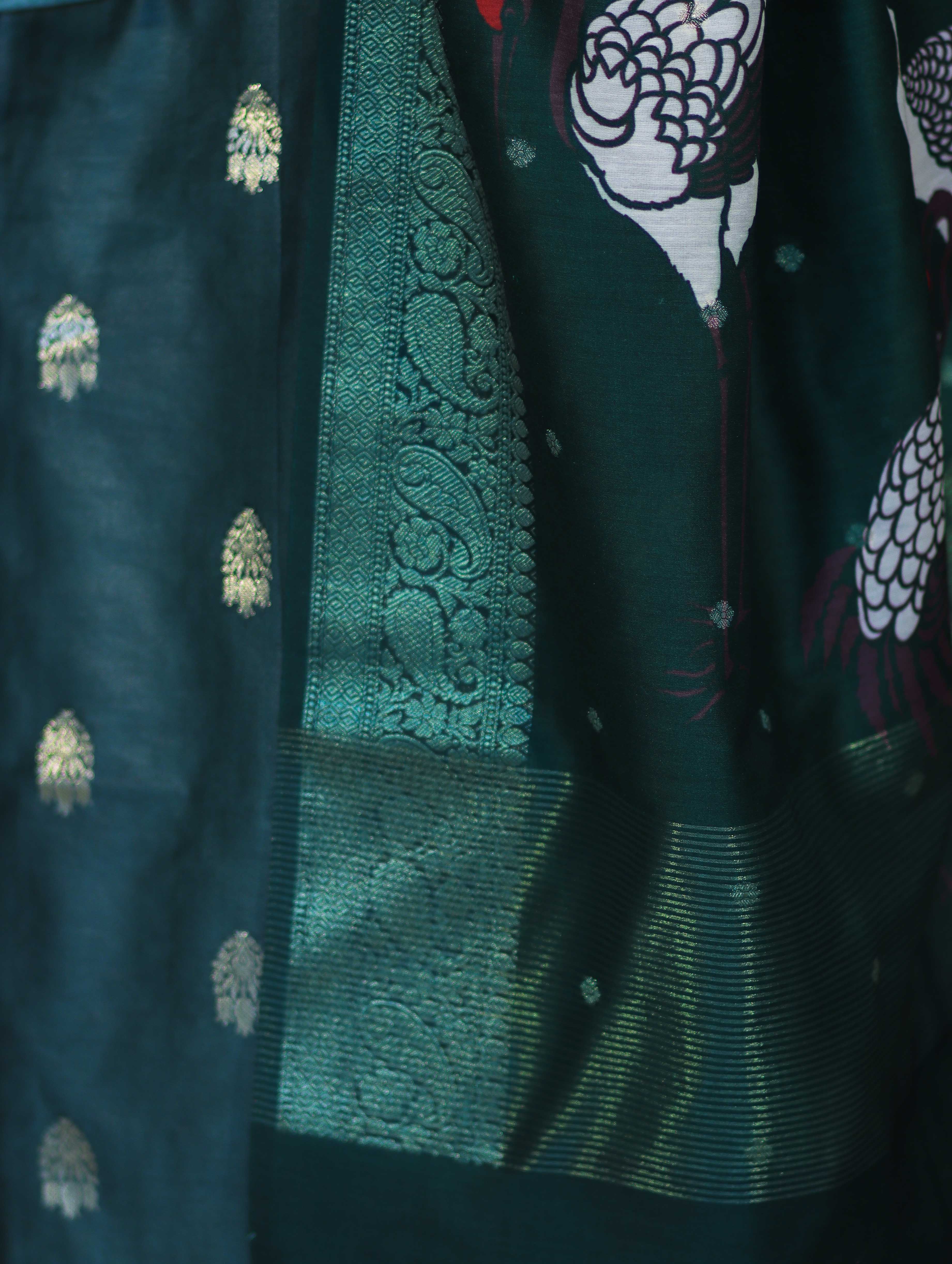 Banarasee Semi-Silk Zari Work Salwar Kameez Fabric With Digital Printed Dupatta Set-Deep Green