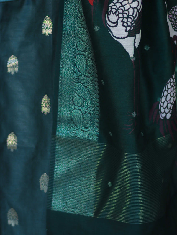 Banarasee Semi-Silk Zari Work Salwar Kameez Fabric With Digital Printed Dupatta Set-Deep Green