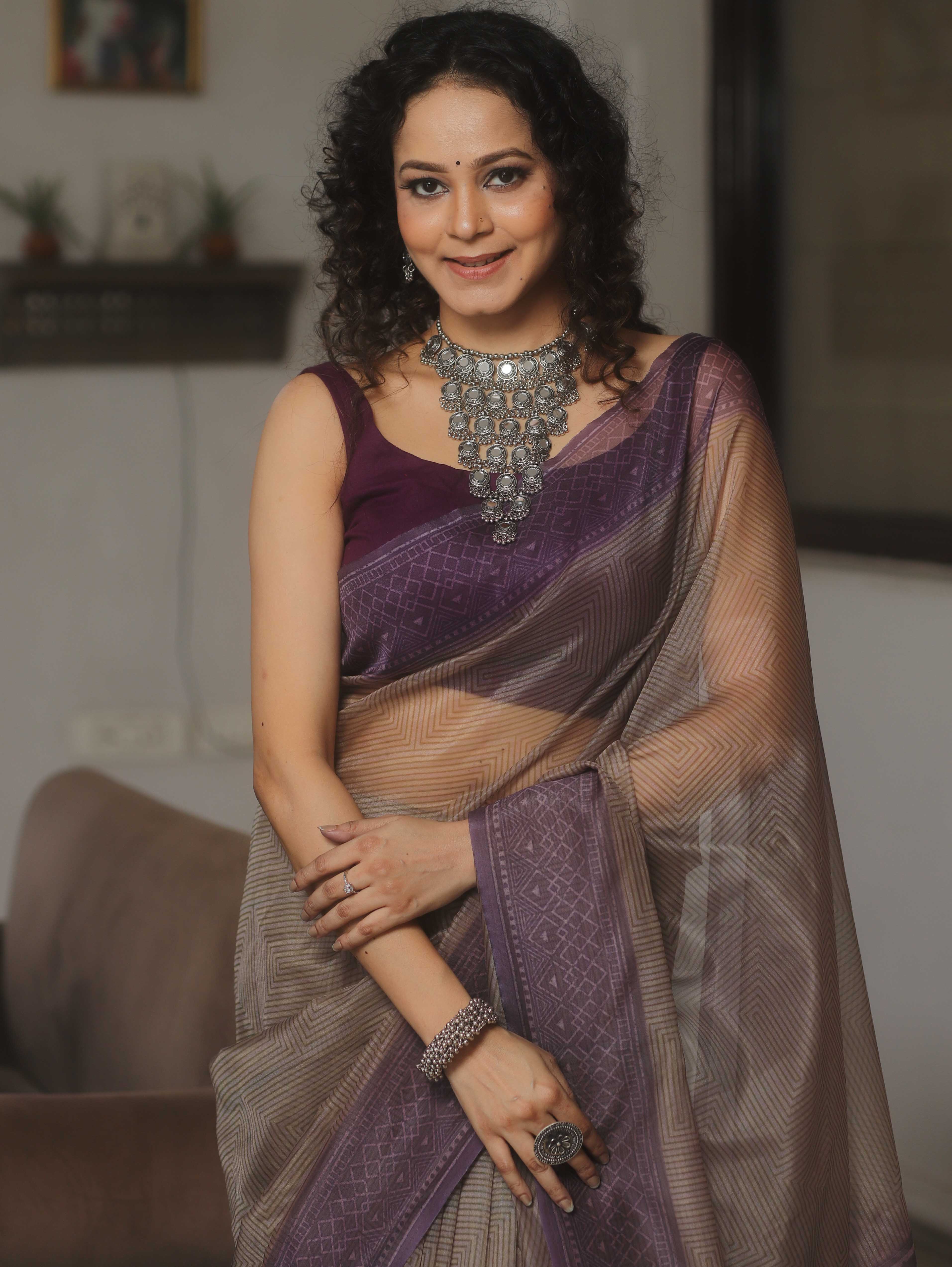Banarasee Organza Mix Printed Saree-Violet
