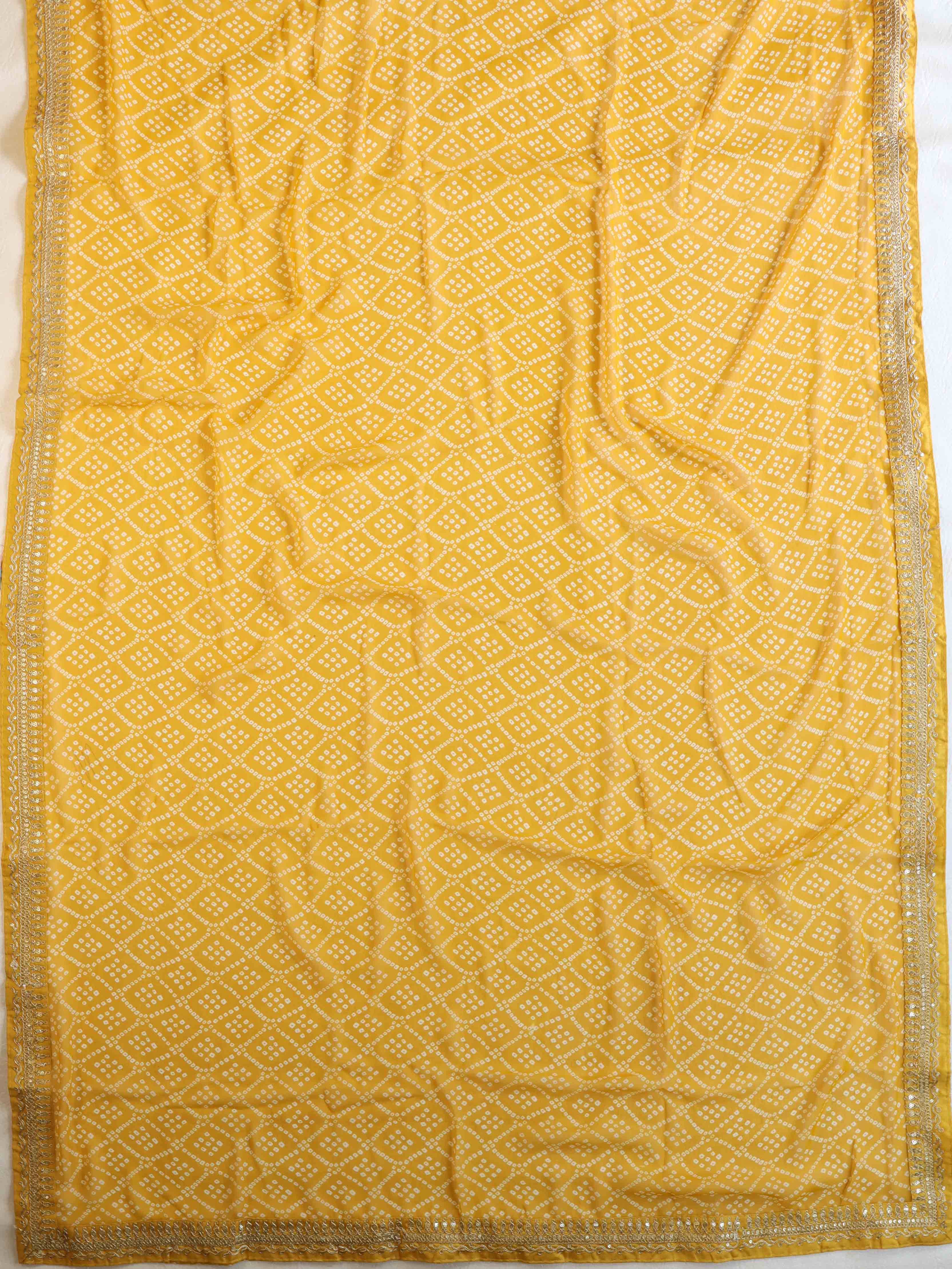Banarasee Georgette Embroidered Chunari Print Saree-Mustard Yellow