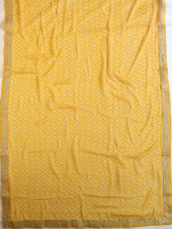 Banarasee Georgette Embroidered Chunari Print Saree-Mustard Yellow