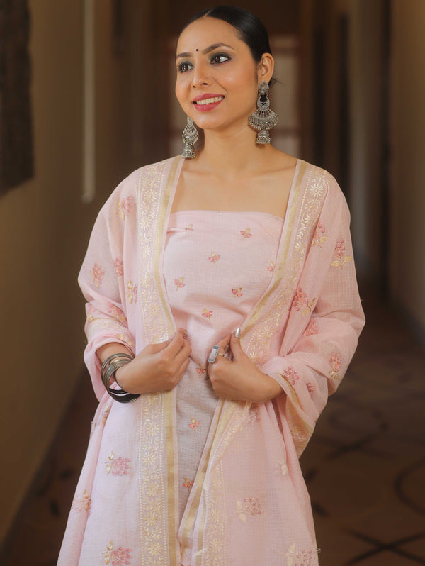 Banarasee Cotton Kota Embroidery Work Salwar Kameez Fabric With Dupatta-Pink