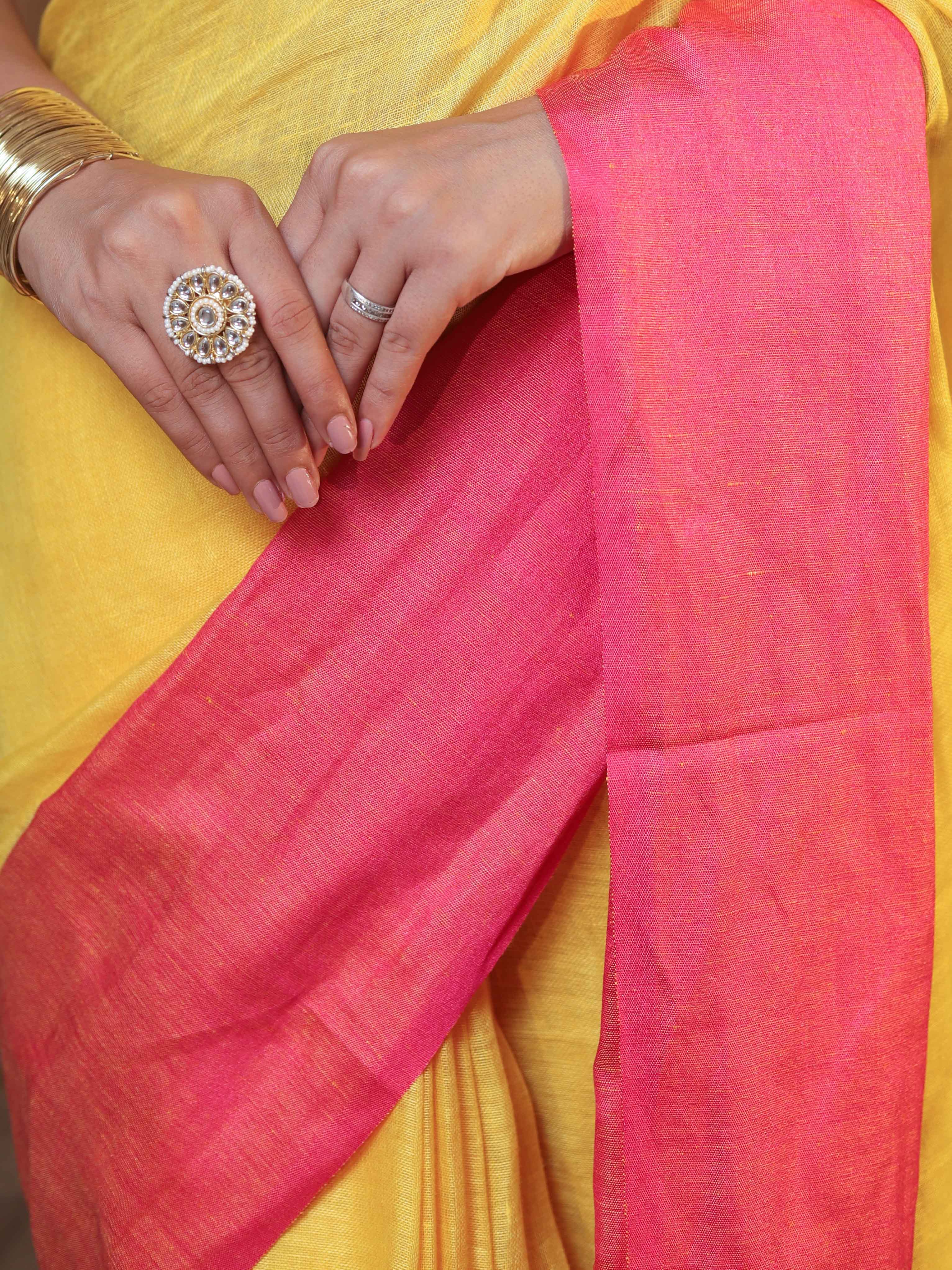 Banarasee Handloom Pure Linen Shine Saree-Yellow & Pink