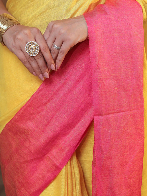 Banarasee Handloom Pure Linen Shine Saree-Yellow & Pink