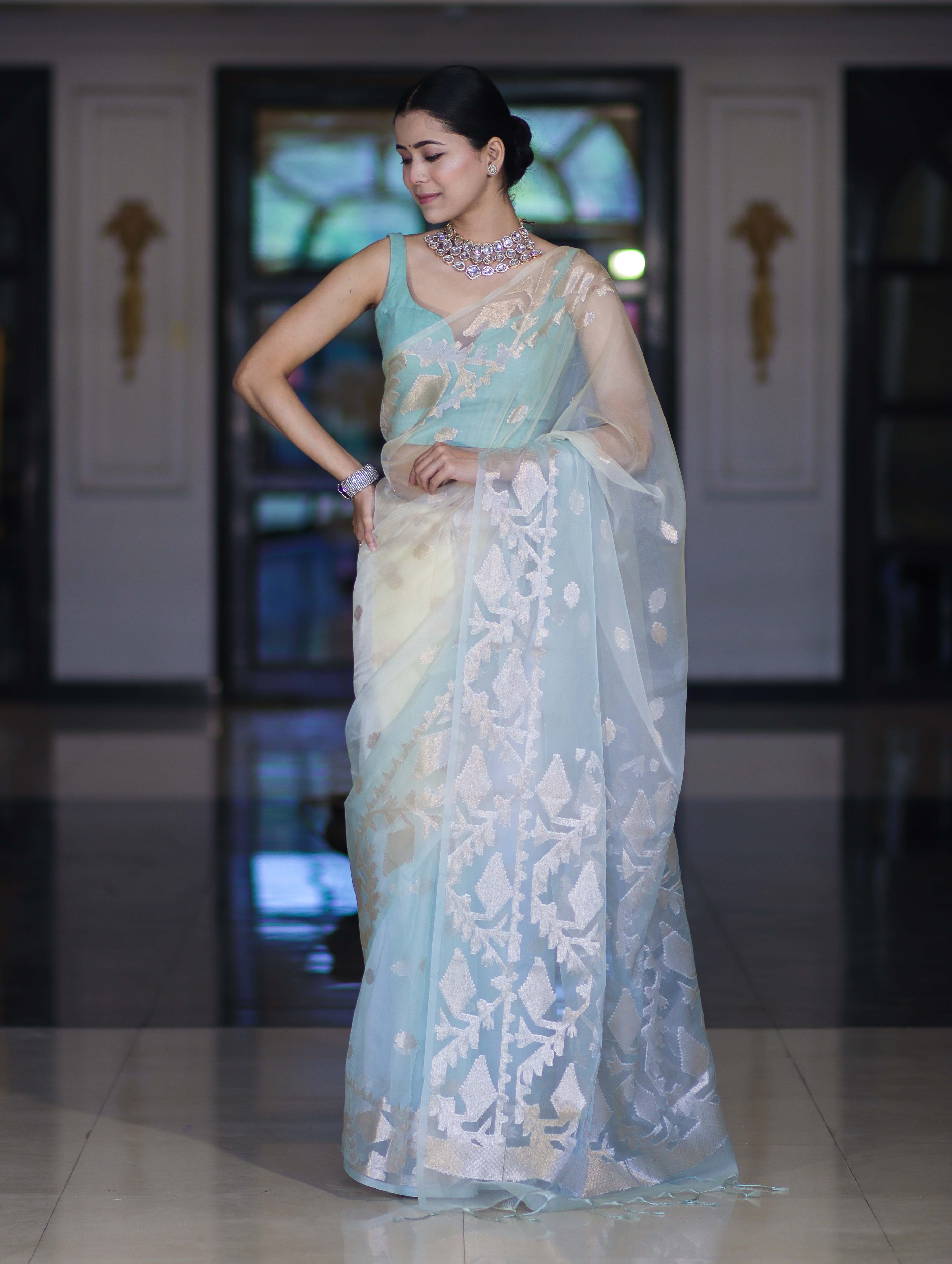 Banarasee Dual Color Organza Mix Saree With Zari Work-Mint Green & Light Yellow
