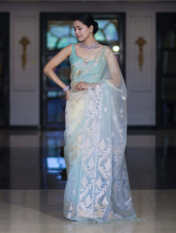Banarasee Dual Color Organza Mix Saree With Zari Work-Mint Green & Light Yellow