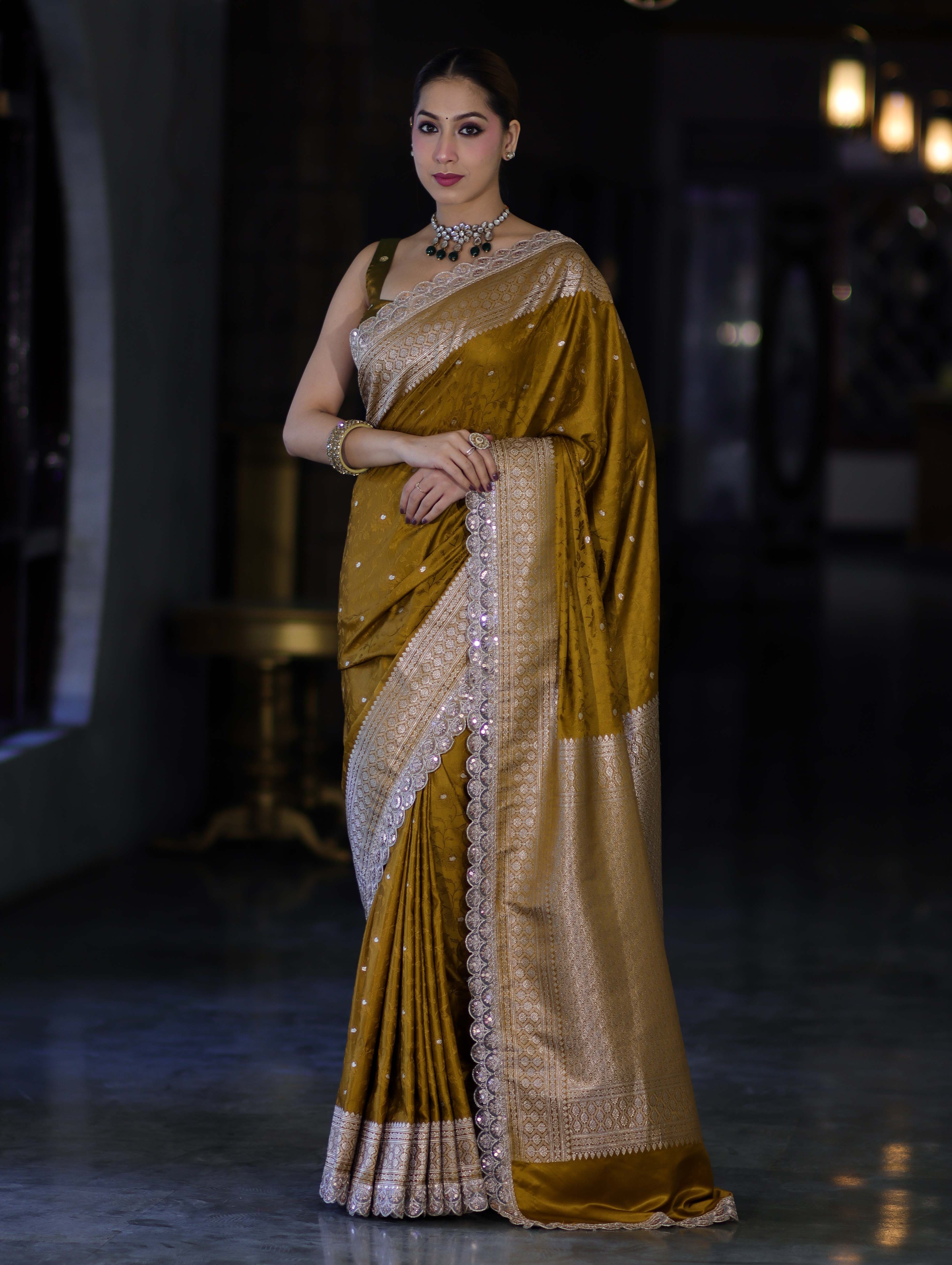 Banarasee Handloom Mashru Silk Saree With Buti Design Zari Border & Lace-Mustard Yellow