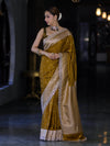 Banarasee Handloom Mashru Silk Saree With Buti Design Zari Border & Lace-Mustard Yellow