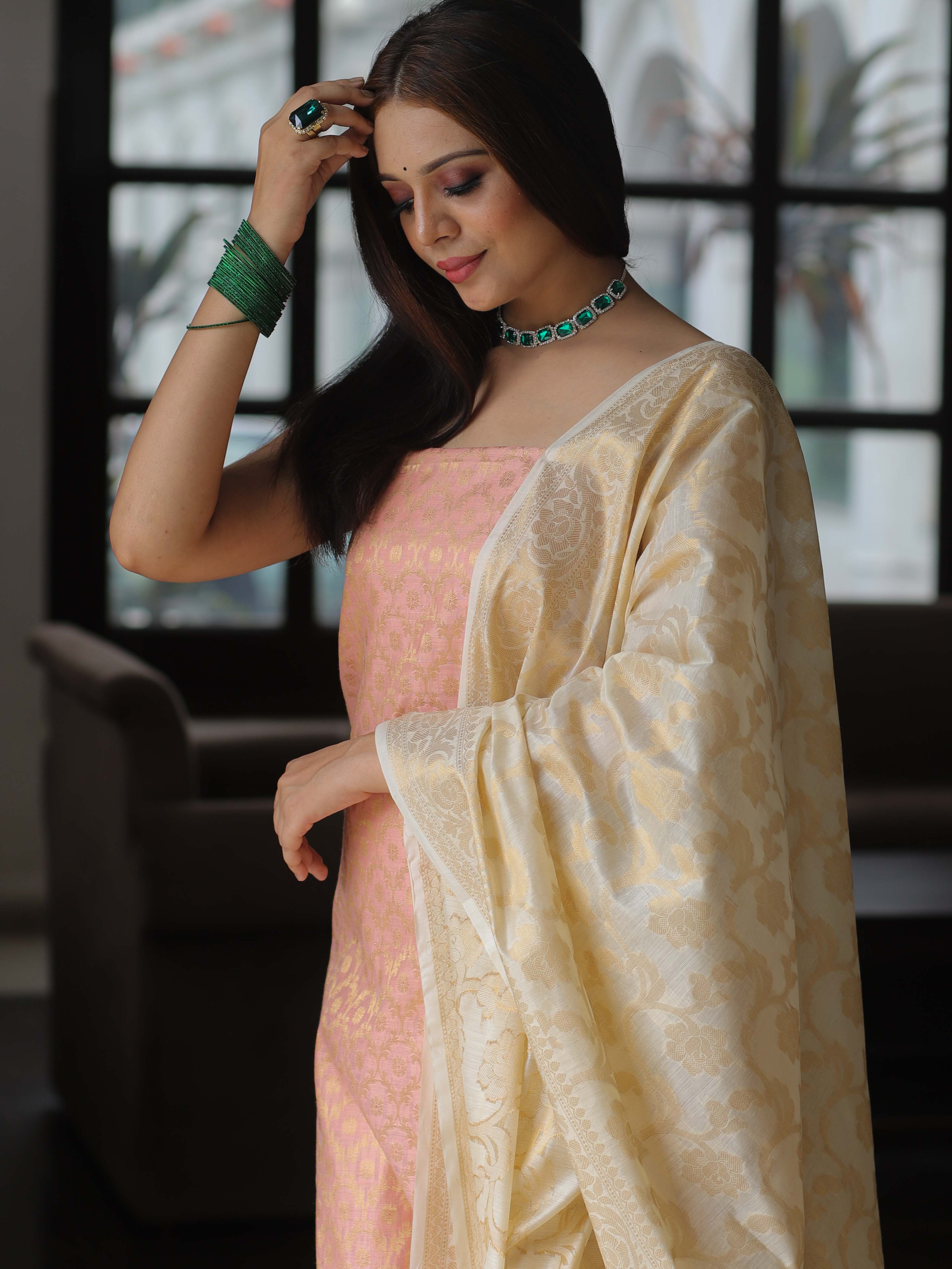 Banarasee Chanderi Cotton Salwar Kameez Fabric With Antique Zari & Contrast Dupatta-Pink & White