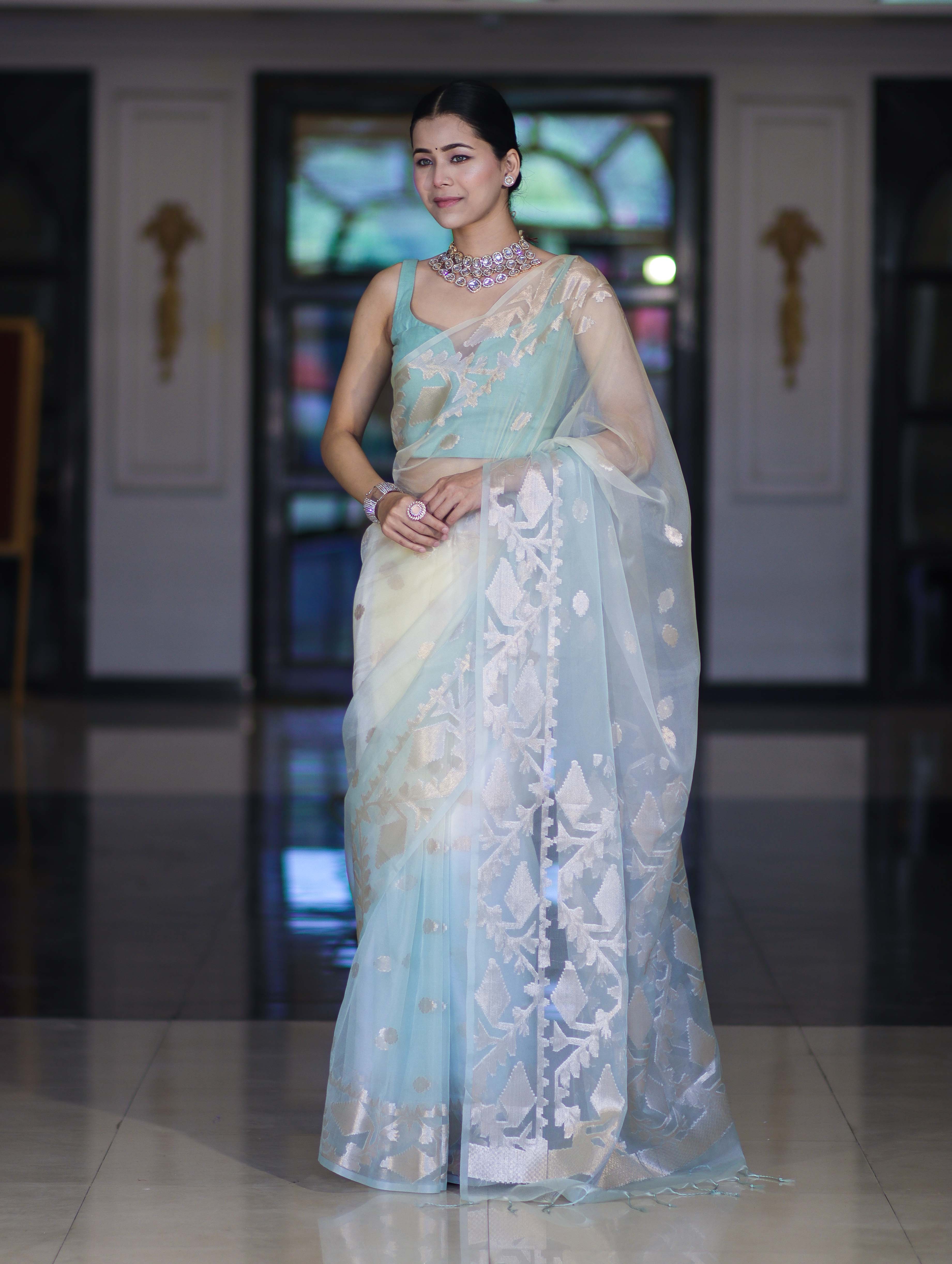 Banarasee Dual Color Organza Mix Saree With Zari Work-Mint Green & Light Yellow